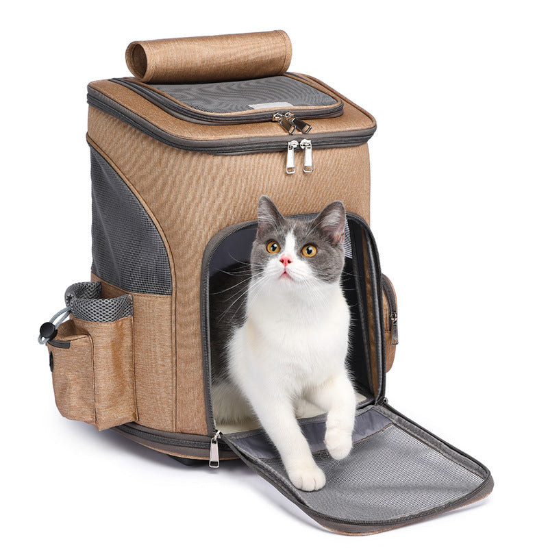 Portable Folding Pet Backpack with Universal Wheel Trolley – Travel Cat & Small Dog Carrier Bag