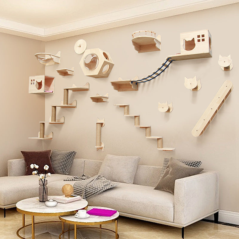 Wall-Mounted Cat Climbing Frame – Solid Wood Floating Cat Shelves & Ladder for Indoor Cats